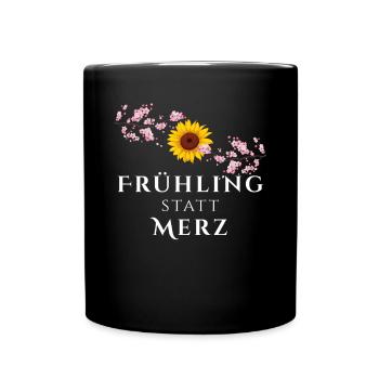 Frühling statt Merz Sonnenblume Kirschzweige - Tasse einfarbig - Schwarz - Vorne