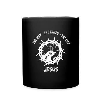 Jesus und Kreuz Kranz Motiv - Tasse einfarbig - Schwarz - Vorne