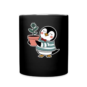 Cheerful penguin gardener with flower - Full Colour Mug - black - Front