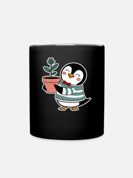 Fröhlicher Pinguin Gärtner mit Blume - Tasse einfarbig - Schwarz