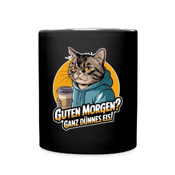 Bonjour? Glace très mince ! Chat avec du café - Mug uni - noir - Devant