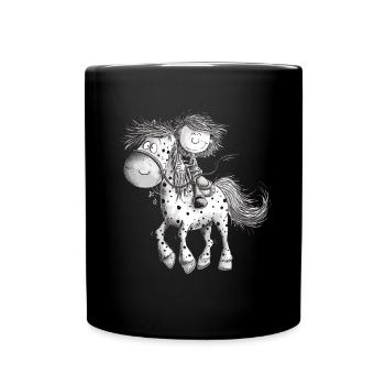 Drolliges Pferd mit Reiter Cartoon Pferdchen - Tasse einfarbig - Schwarz - Vorne