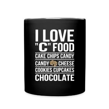 J’adore la nourriture C : gâteaux, chips, bonbons, - Mug uni - noir - Devant