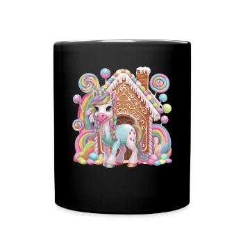 Süßigkeiten Einhorn und Lebkuchenhaus Magie - Tasse einfarbig - Schwarz - Vorne