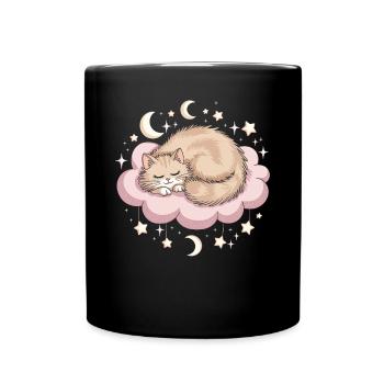 Whimsical Escapism Katze auf Wolke und Sterne - Tasse einfarbig - Schwarz - Vorne