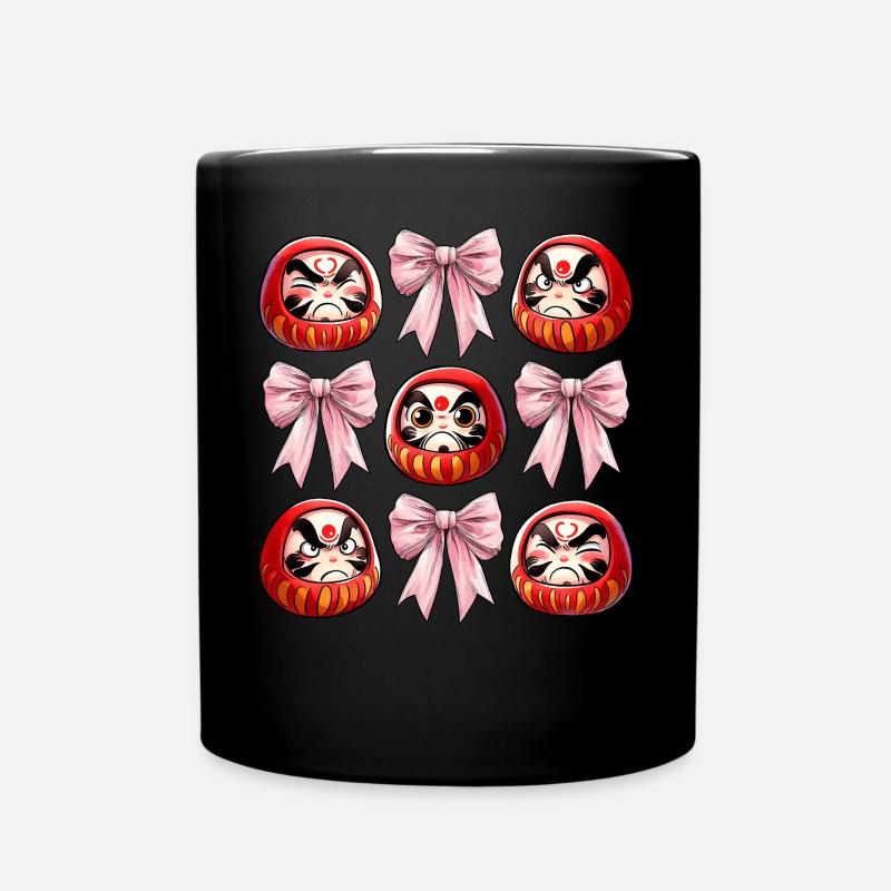 Coquette Bow Daruma Doll Japan Pink Bow - Full Colour Mug - black