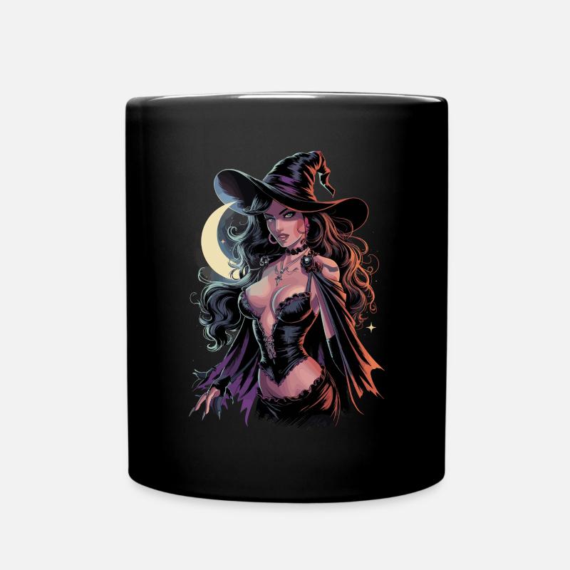 Beautiful witch in the moonlight with magic hat and - Full Colour Mug - black