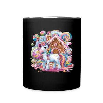 Einhorn Und Süßigkeiten Vor Lebkuchenhaus - Tasse einfarbig - Schwarz - Vorne