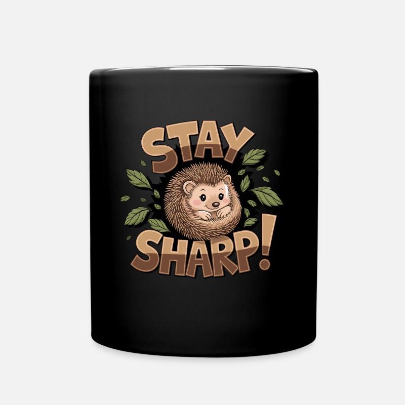 Stay sharp hedgehog with leaves surrounded cute - Full Colour Mug - black