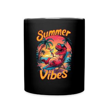 Ambiance estivale dino sur la plage avec des palmiers et - Mug uni - noir - Devant