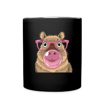 Capybara with pink glasses and bubblegum bubbles style - Full Colour Mug - black - Front