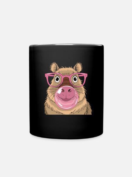 Capybara with pink glasses and bubblegum bubbles style - Full Colour Mug - black