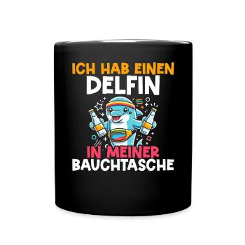Delfin in meiner Bauchtasche Lustige Mallorca - Tasse einfarbig - Schwarz - Vorne