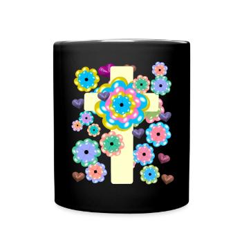 Kreuz Jesus Kreuze Blumen Herz Herzen Kreuze - Tasse einfarbig - Schwarz - Vorne