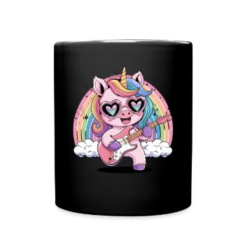 Fröhliches Einhorn mit Regenbogen und Herzbrille - Tasse einfarbig - Schwarz - Vorne