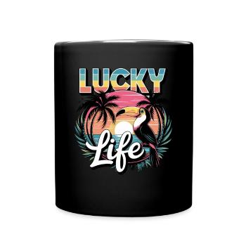 Lucky Life Tropical Paradise with Sunset - Full Colour Mug - black - Front