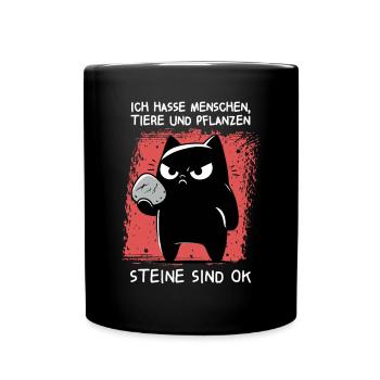 Wurfbereit – Schwarze Katze mit Stein - Tasse einfarbig - Schwarz - Vorne