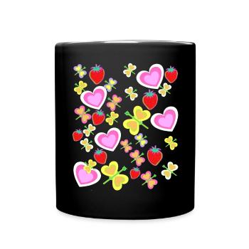 Rétro Été Années 80 Années 90 Coeurs Fraises Insectes - Mug uni - noir - Devant