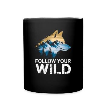 Follow your wild spirit with wolf and nature motif - Full Colour Mug - black - Front