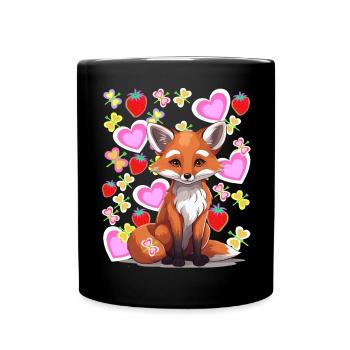 Fox Foxes Heart Summertime Strawberries Kids 80s - Full Colour Mug - black - Front