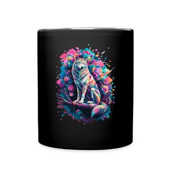 Farbiger Wolf Mit Blumen Und Geometrischen Formen - Tasse einfarbig - Schwarz - Vorne