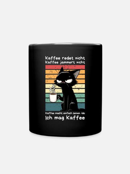 Genervte schwarze Katze mit Kaffee und Blick - Tasse einfarbig - Schwarz