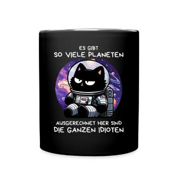 Misanthropische Katze im All – Space Mood Pur - Tasse einfarbig - Schwarz - Vorne