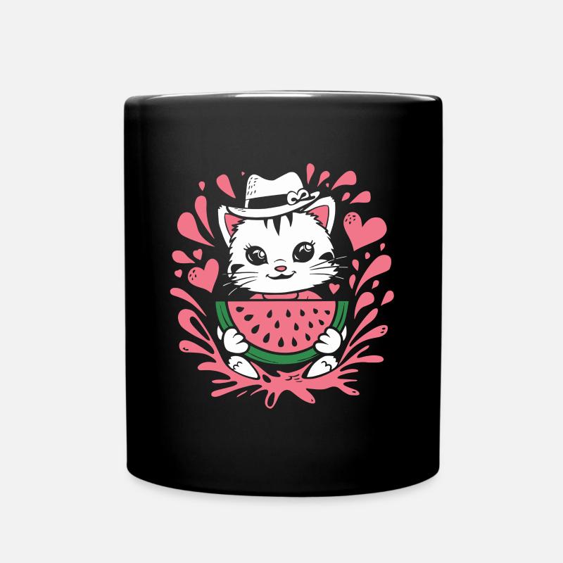 Süßes Kätzchen Mit Wassermelone Und Herzspritzern - Tasse einfarbig - Schwarz