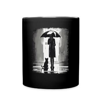 Woman and cat waiting under umbrella in the rain - Full Colour Mug - black - Front