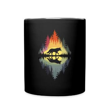 Mystischer Wolf Im Sonnenuntergang Spiegelbild - Tasse einfarbig - Schwarz - Vorne