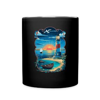 Lighthouse sunset by the sea with sailing ship - Full Colour Mug - black - Front