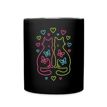 Farbenfrohes Katzenpaar mit Herzen Schmetterlingen - Tasse einfarbig - Schwarz - Vorne