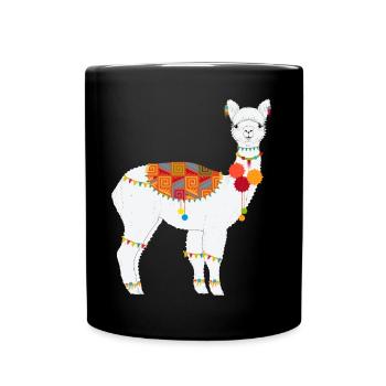 Traditionally Decorated Alpaca – Colorful Boho Motif - Full Colour Mug - black - Front