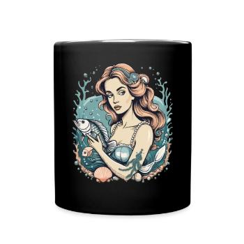 Imaginative Mermaid with Fish – Vintage - Full Colour Mug - black - Front