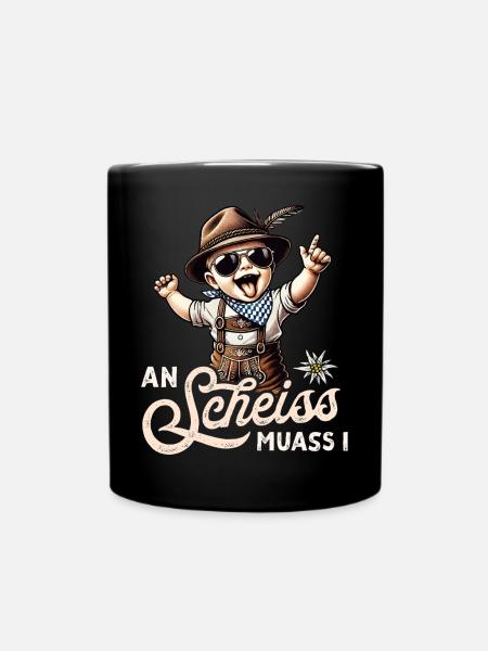 Trachtenshirt Herren Trachten T-Shirt Lederhose - Tasse einfarbig - Schwarz