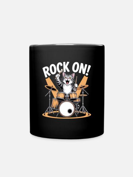 Rock On Katze Schlagzeug Kunst - Tasse einfarbig - Schwarz