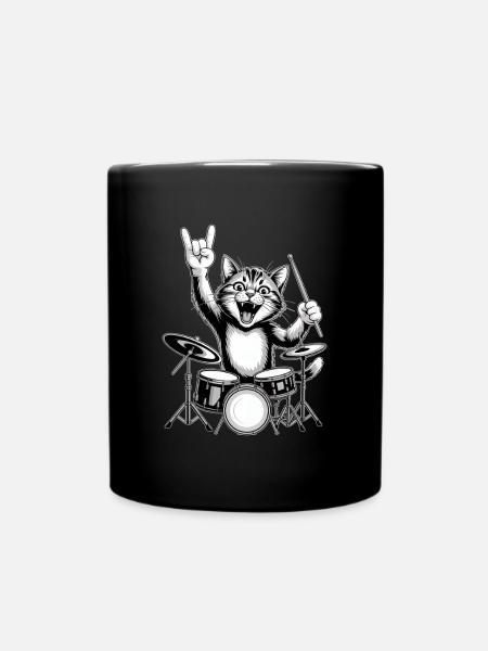 Rockende Katze Am Schlagzeug - Tasse einfarbig - Schwarz