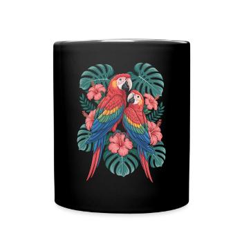 Exotic parrots with tropical flowers - Full Colour Mug - black - Front