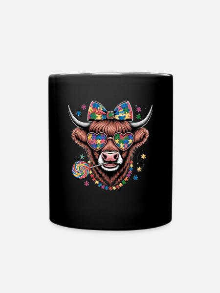 Farbenfrohes Puzzle Kuh-Motiv mit Herzbrille und - Tasse einfarbig - Schwarz