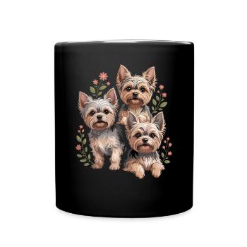 Liebevolle Yorkie Trio Illustration Mit Blumen - Tasse einfarbig - Schwarz - Vorne