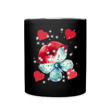 Hearts Kissing Mouth Summer Love Butterfly - Full Colour Mug - black - Front