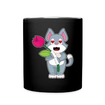 Katze Blume - Tasse einfarbig - Schwarz - Vorne