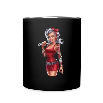 Strong female mechanic with tattoos and - Full Colour Mug - black - Front