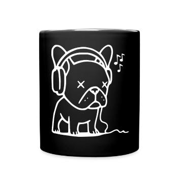 Frenchie Bulldog with Headphones - Full Colour Mug - black - Front