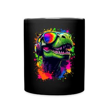 T Rex avec casque Lunettes de soleil Neon Dino Design - Mug uni - noir - Devant