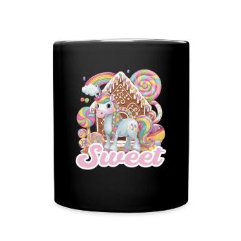 Süßes Einhorn vor Lebkuchenhaus mit Regenbogen - Tasse einfarbig - Schwarz - Vorne