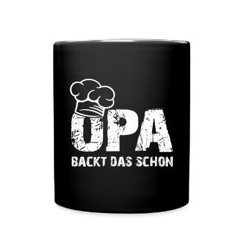 Opa backt das schon mit Bäckermütze und Spruch - Tasse einfarbig - Schwarz - Vorne