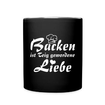 Backen ist Liebe mit Bäckermütze und Herz - Tasse einfarbig - Schwarz - Vorne