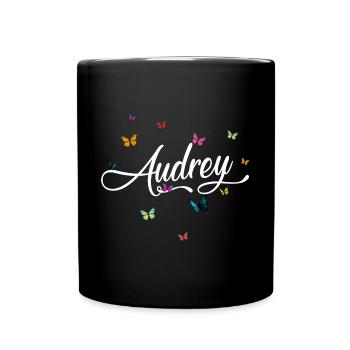 AUDREY - Mädchen Name mit bunten Schmetterlingen - Tasse einfarbig - Schwarz - Vorne