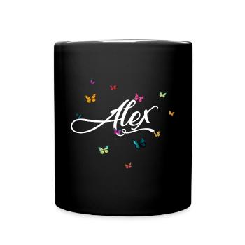 ALEX - Girl Name with Colorful Butterflies - Full Colour Mug - black - Front